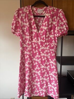 HVN Strawberry Print 100% Silk Mini Dress, Pink & Cream, Size 6